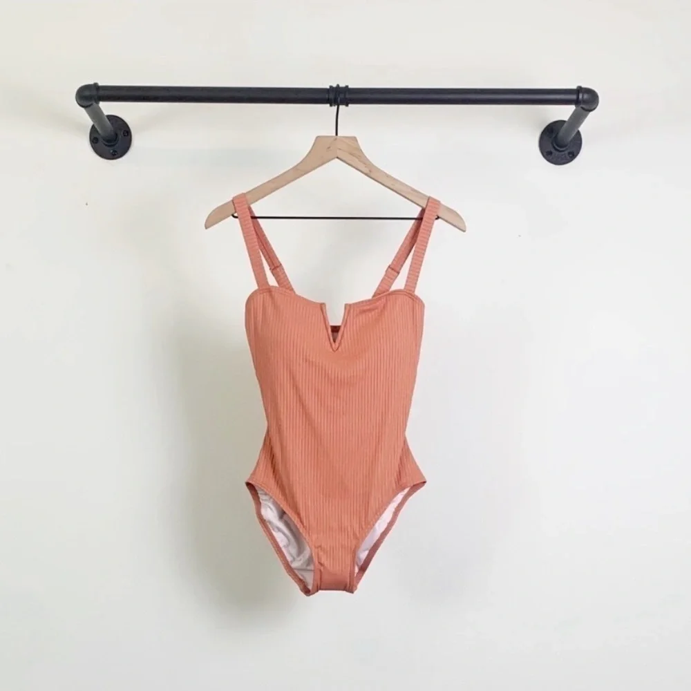 NWT Loft Beach Ribbed V-Bar One Piece Swimsuit In Pink